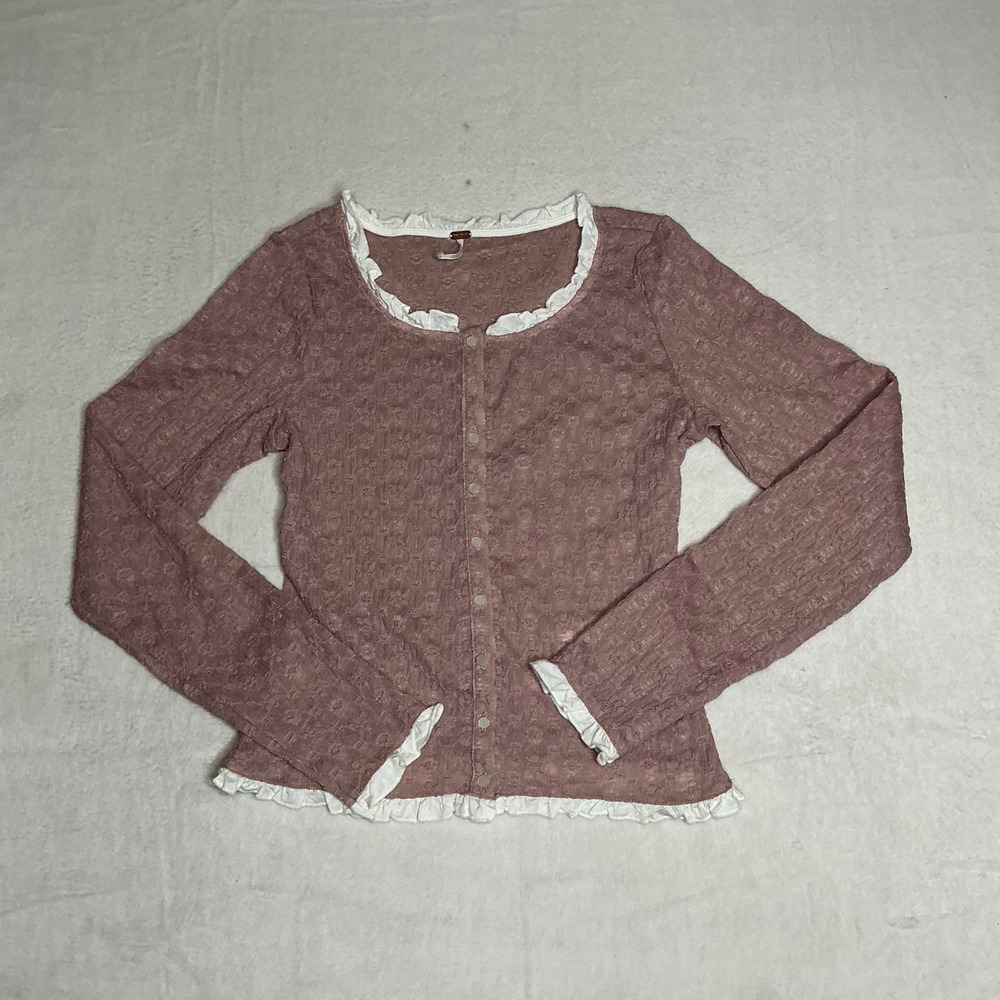 Free People Pink Textured Ruffle Cardigan Button Down Long Sleeve Top Women - Picture 3 of 10